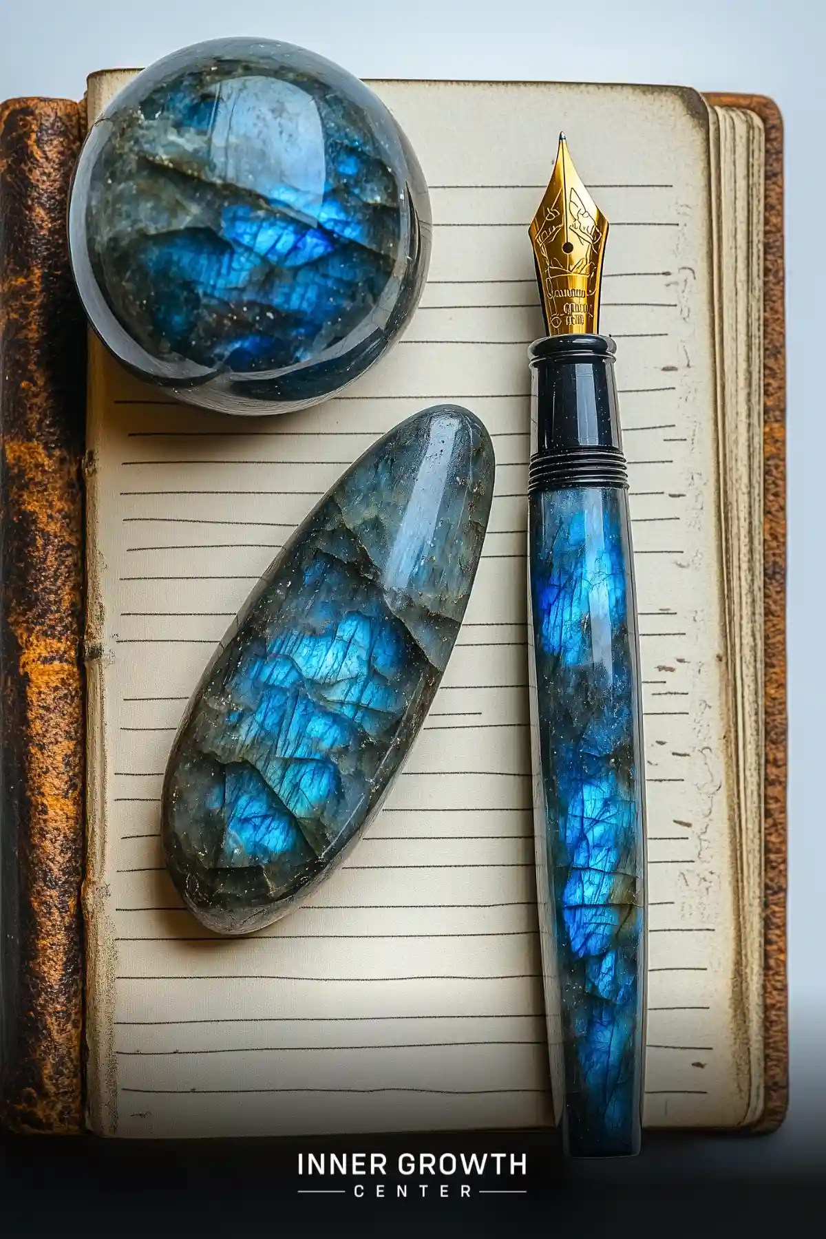 A fountain pen with labradorite barrel sits alongside matching labradorite stones on an open vintage journal, displaying brilliant blue flashes.