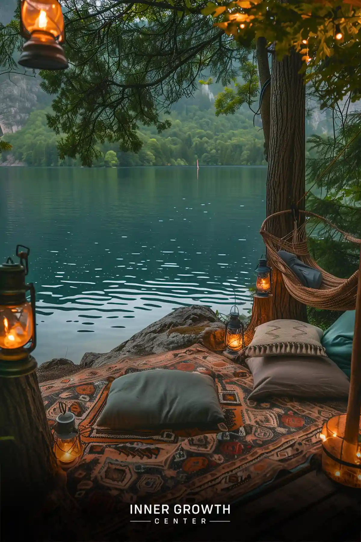 A cozy outdoor meditation space overlooking a serene lake, with lanterns and a hanging chair.