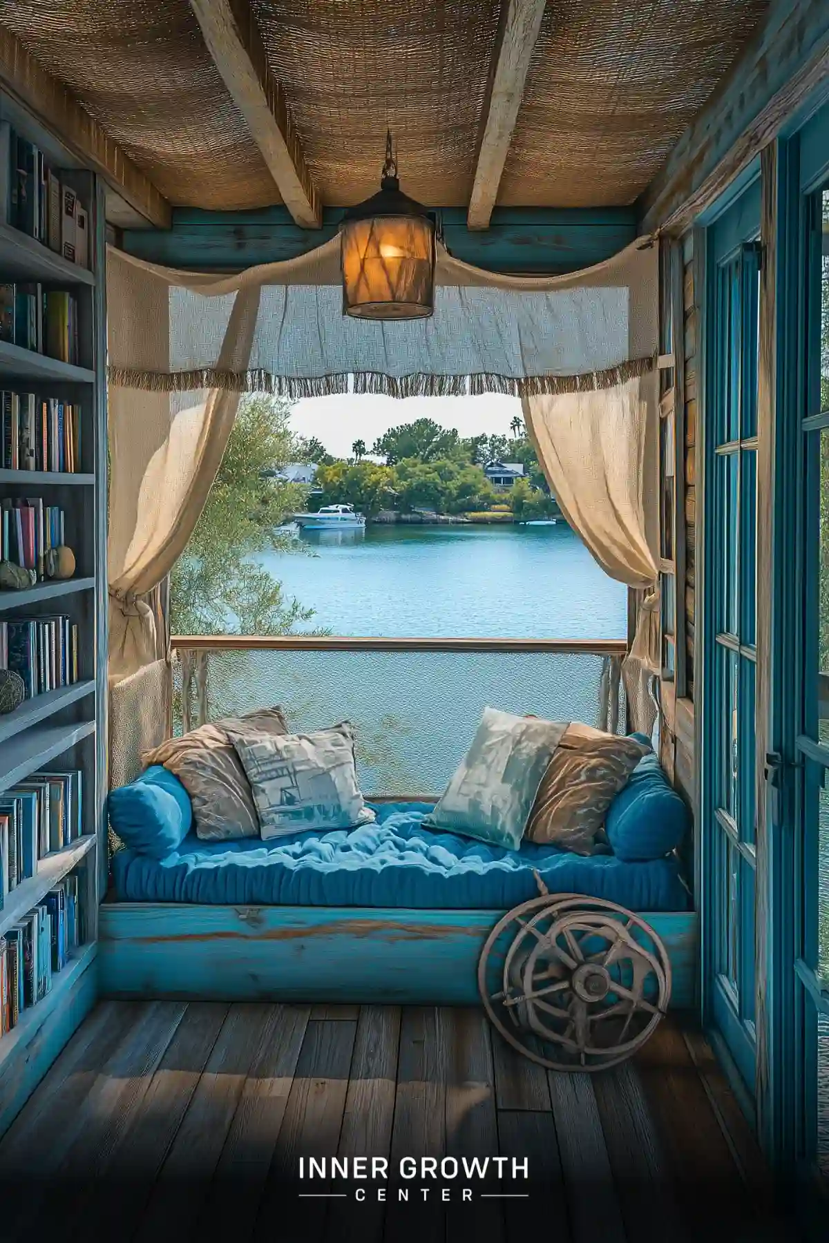 A cozy reading nook with bookshelves and a window overlooking a serene lake.