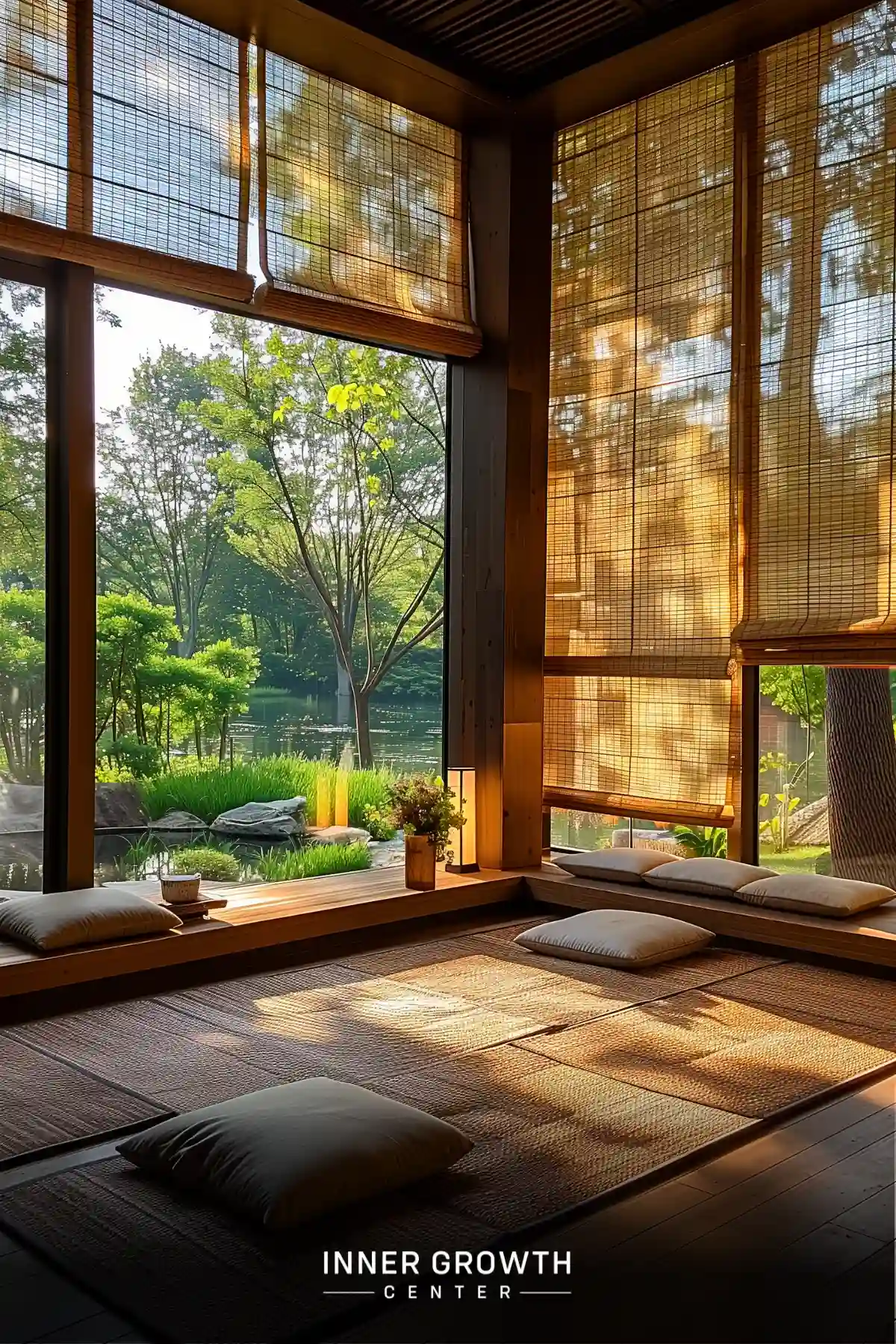 A sunlit meditation room with bamboo blinds and floor cushions overlooking a serene lake and trees.