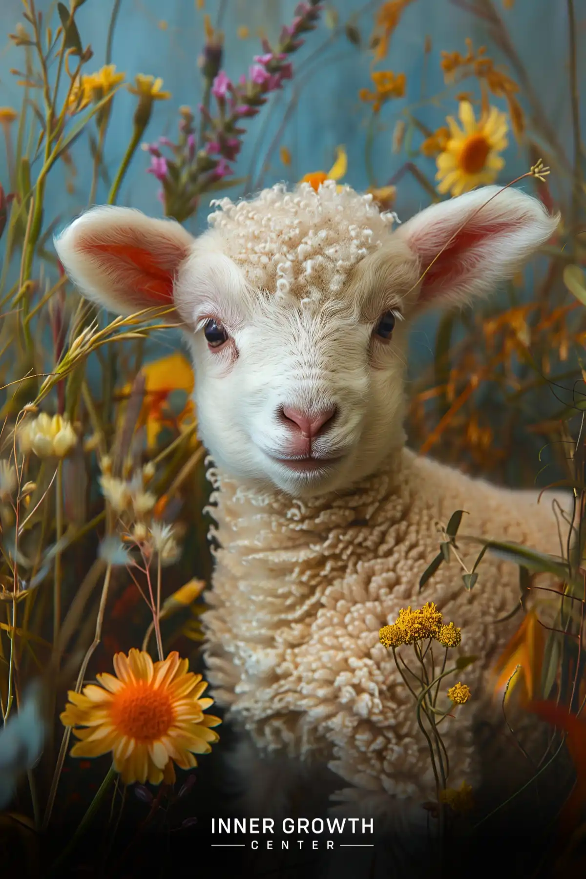 A young lamb with curly wool surrounded by colorful wildflowers and grasses.