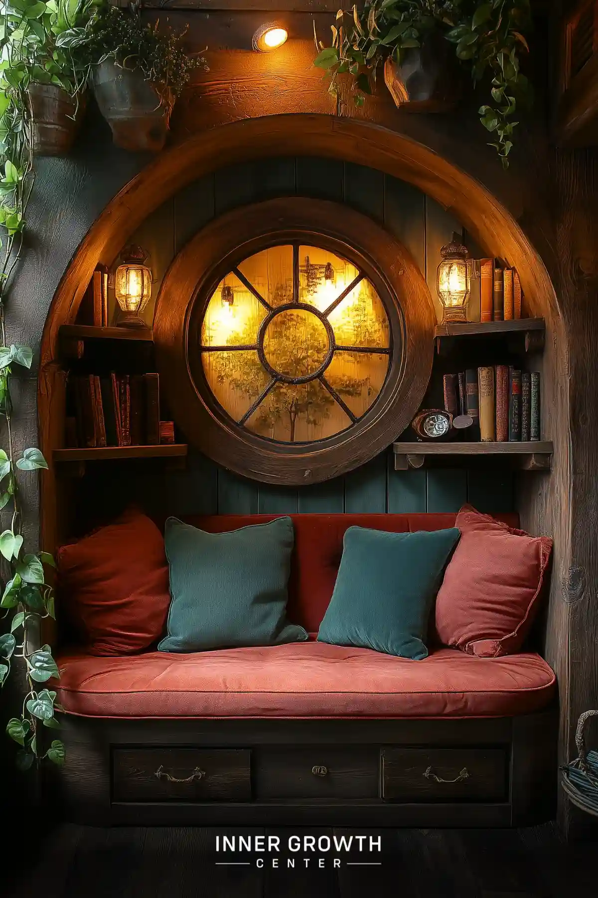 A cozy reading nook with dark wood paneling features a round window with spoke design, vintage lantern sconces, rust-colored cushioning with teal pillows, and climbing plants.