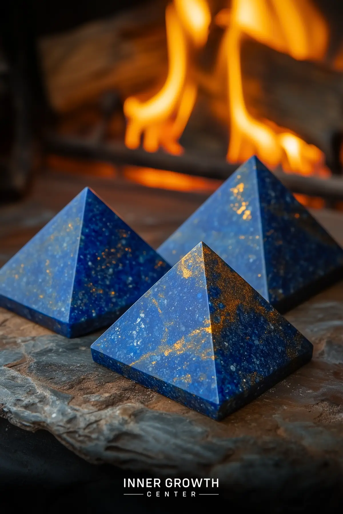 Three deep blue lapis lazuli pyramids with gold flecks sit on slate stone, with dancing firelight in the background.