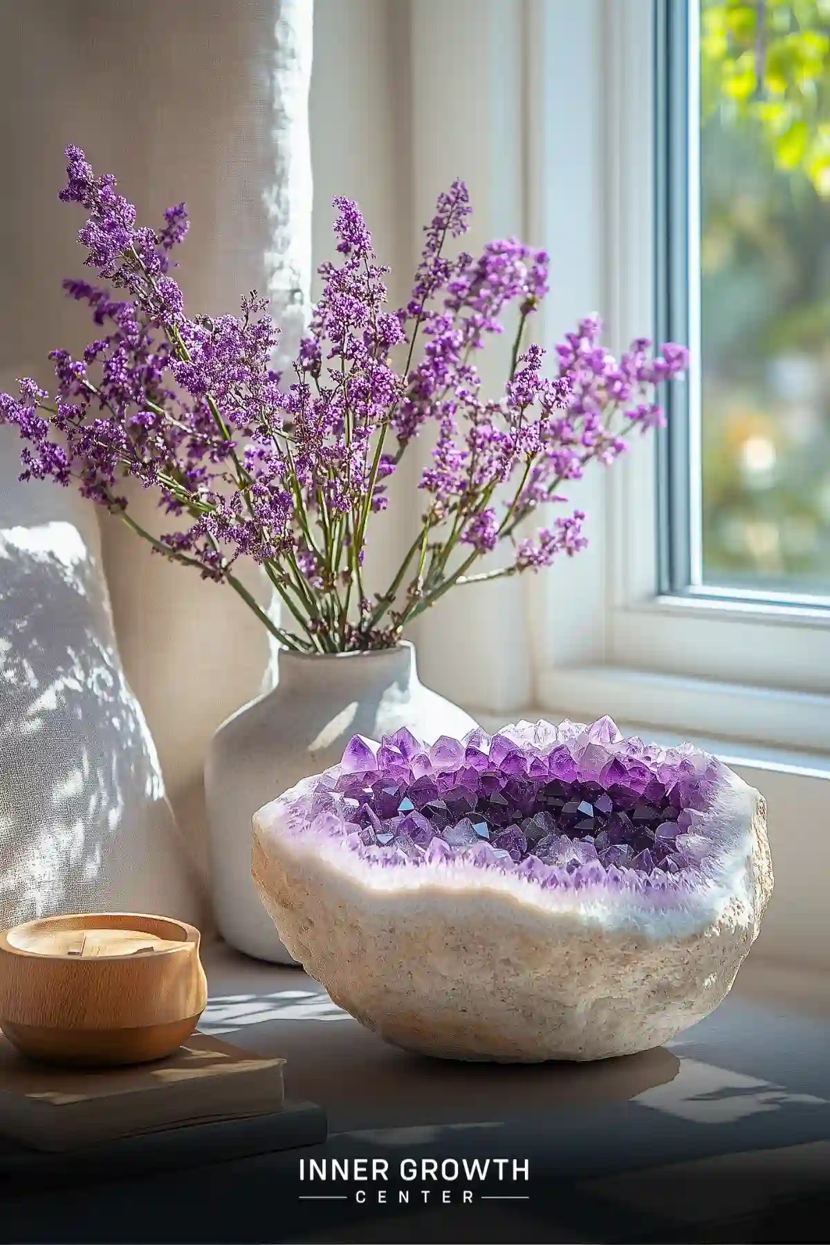 An amethyst geode sits beside a ceramic vase of fresh lavender on a sunlit windowsill, accompanied by a wooden candle holder.