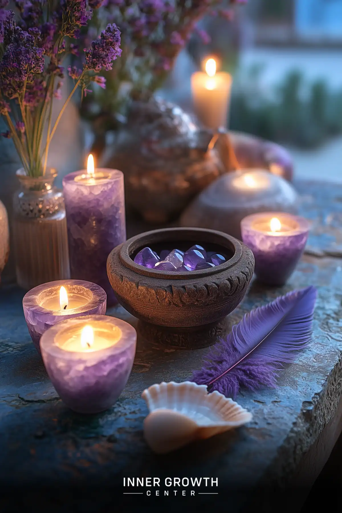 Candles, crystals, and lavender create a serene altar for spiritual practice.