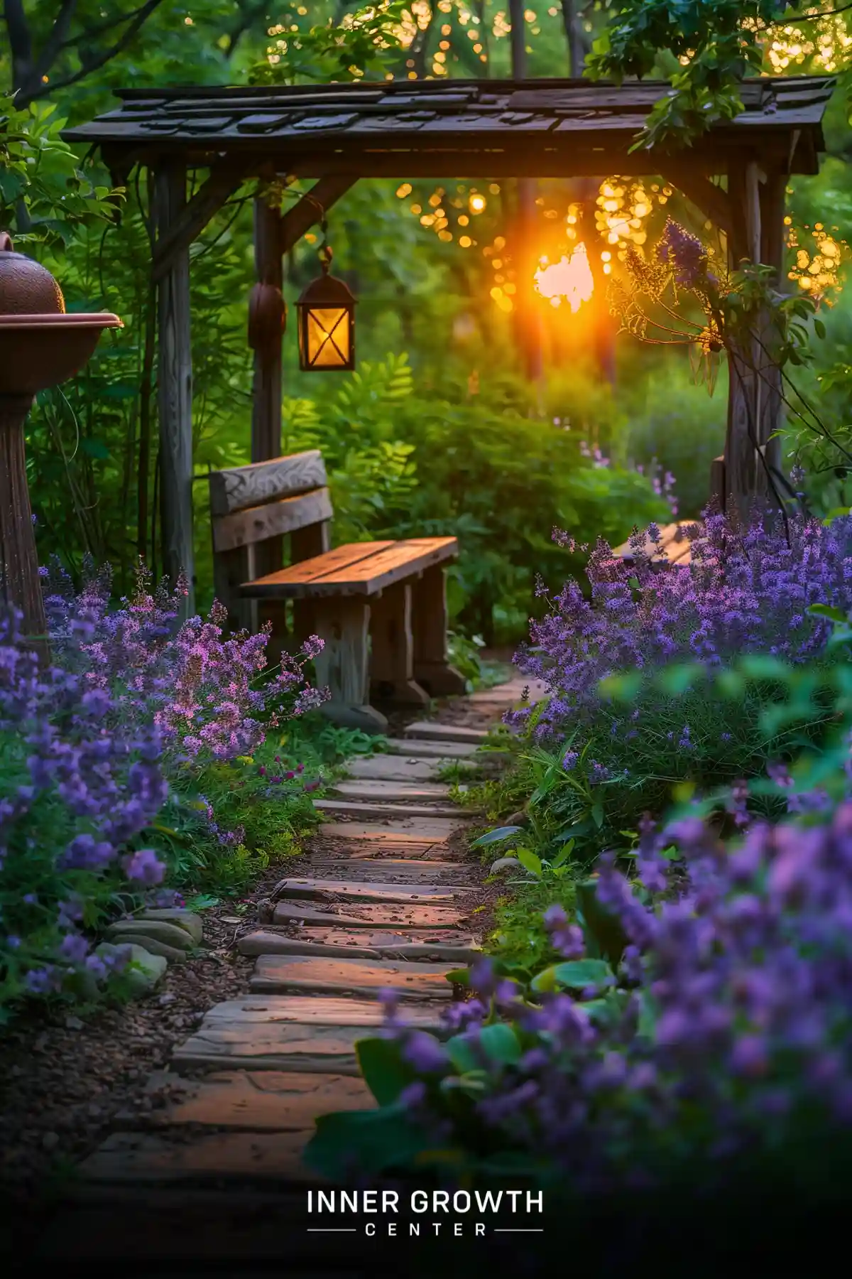 A rustic wooden arbor with a bench surrounded by blooming lavender plants and a stone path in a lush garden at sunset.