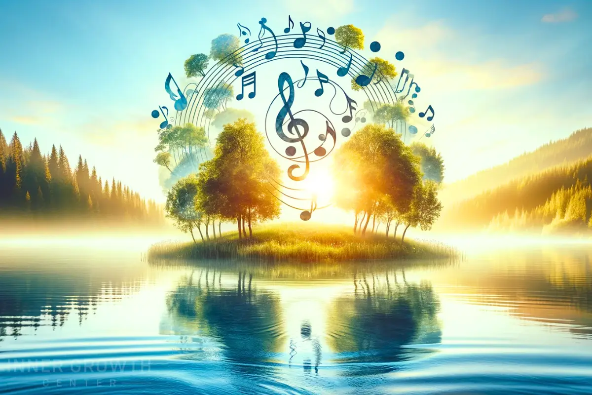 Musical notes on an island surrounded by water, showing the natural law of rhythm.