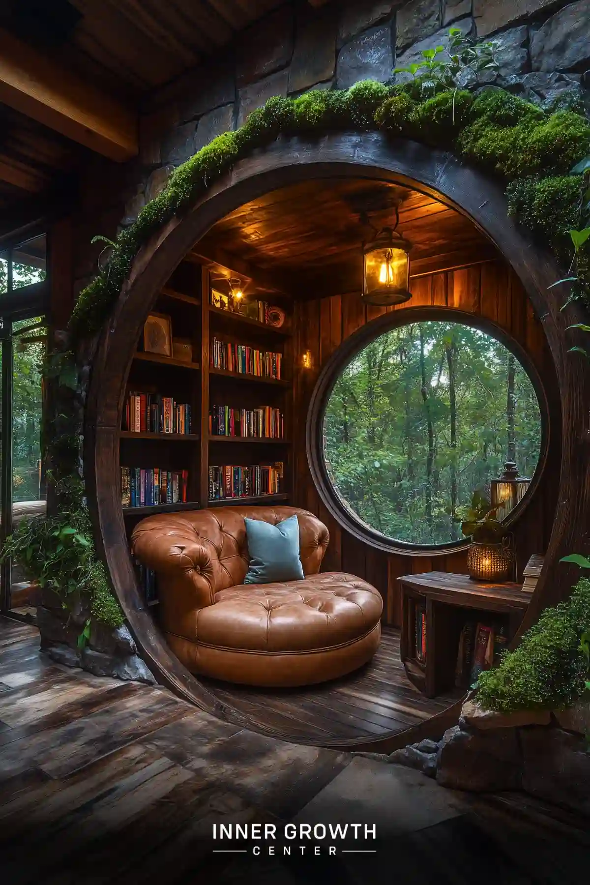 A hobbit-style reading nook with stone walls and moss trimming features a round leather chesterfield chair, built-in bookshelves, and iron lantern lighting.