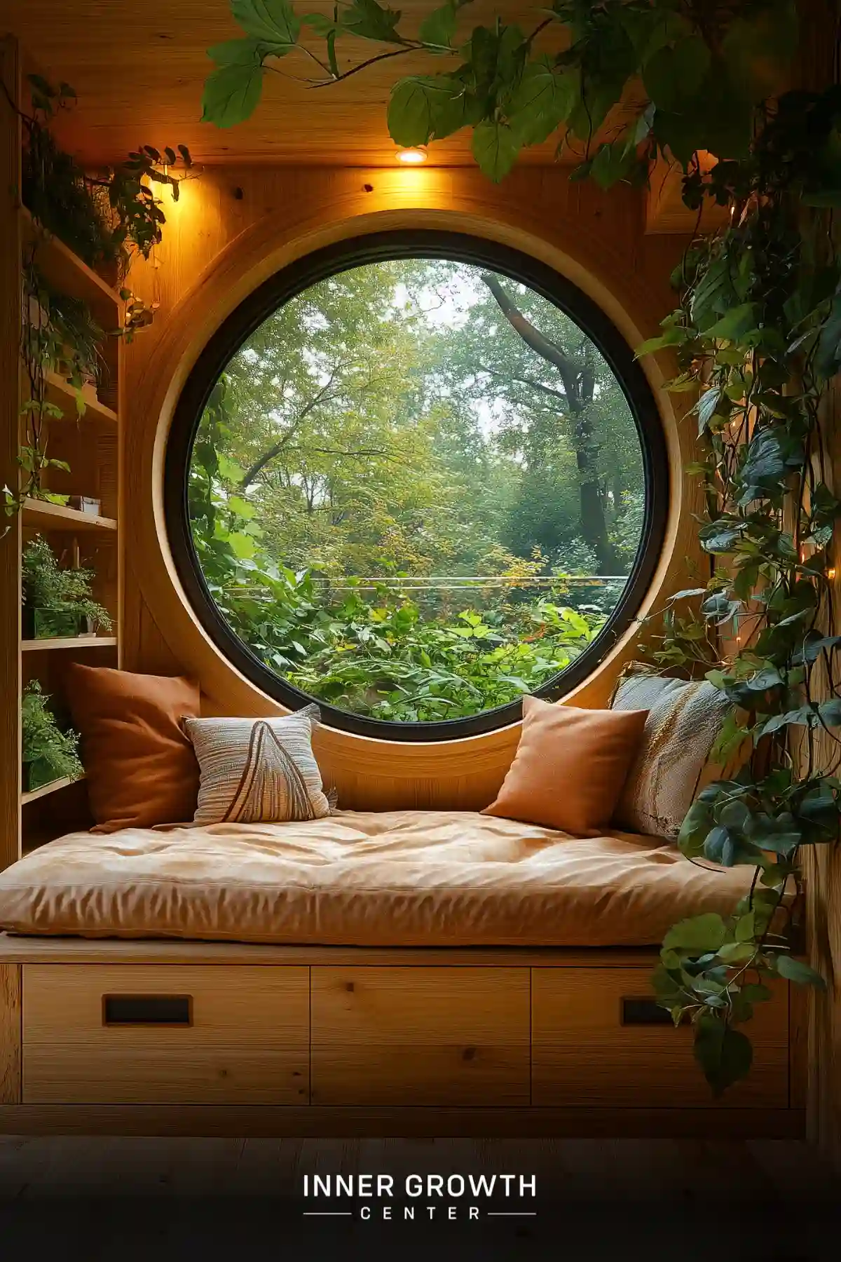 A reading nook crafted from light pine features a large circular window overlooking trees, tan cushioning, neutral pillows, and cascading indoor plants.