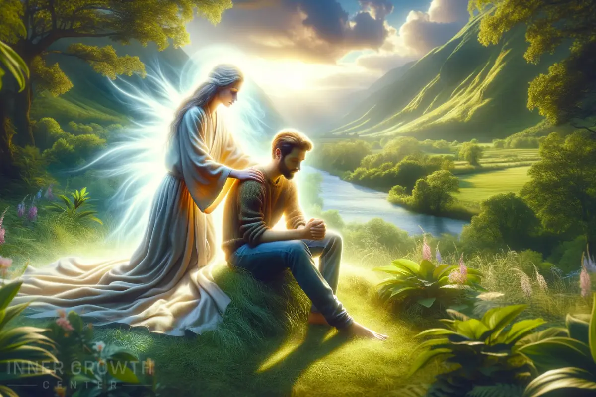 A woman in white healing a man who is looking down.