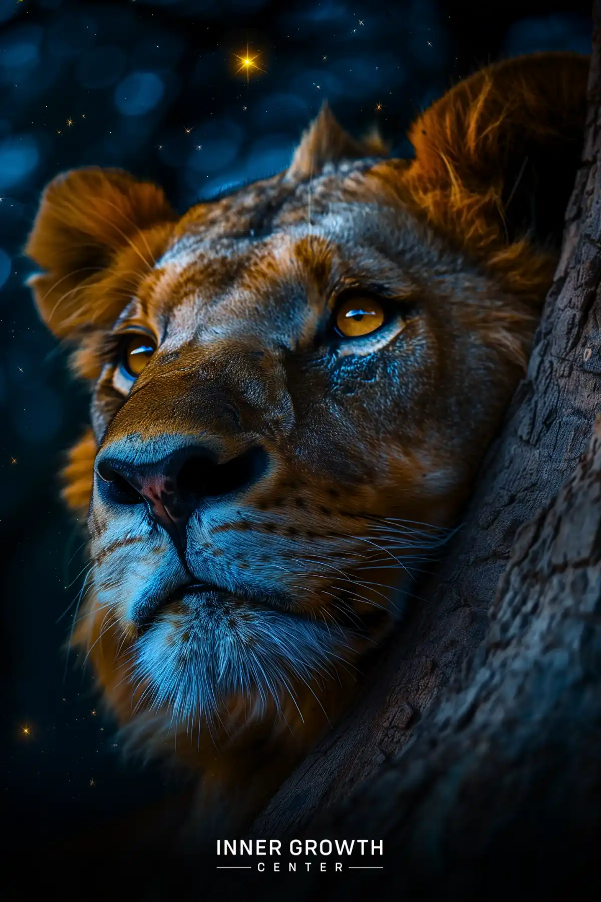 Close-up of a lion's face against a starry night sky, symbolizing inner strength and wisdom.