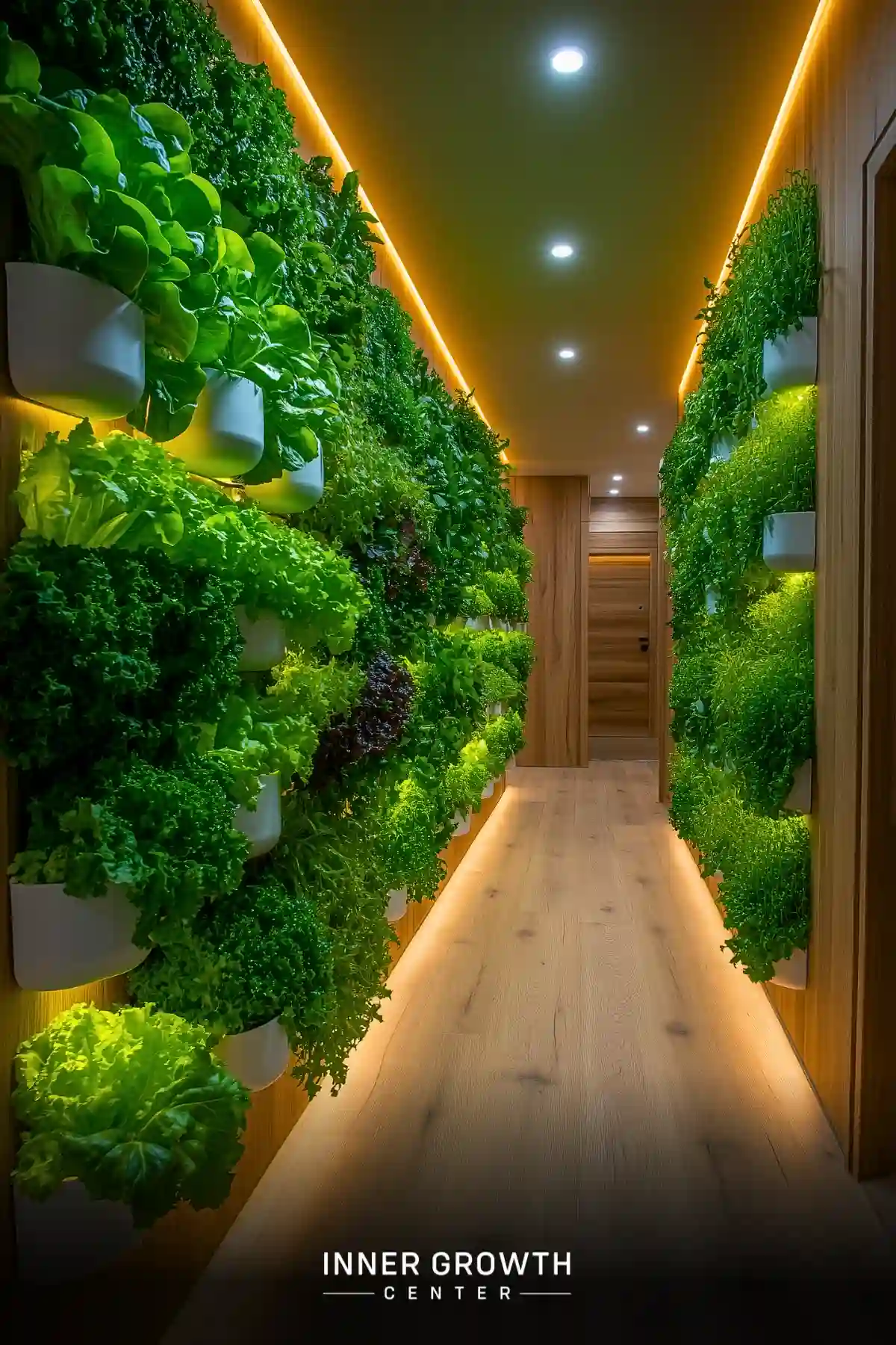 Hallway with floor-to-ceiling living walls of lush greenery, warm wooden floors, and atmospheric lighting guiding the way forward.