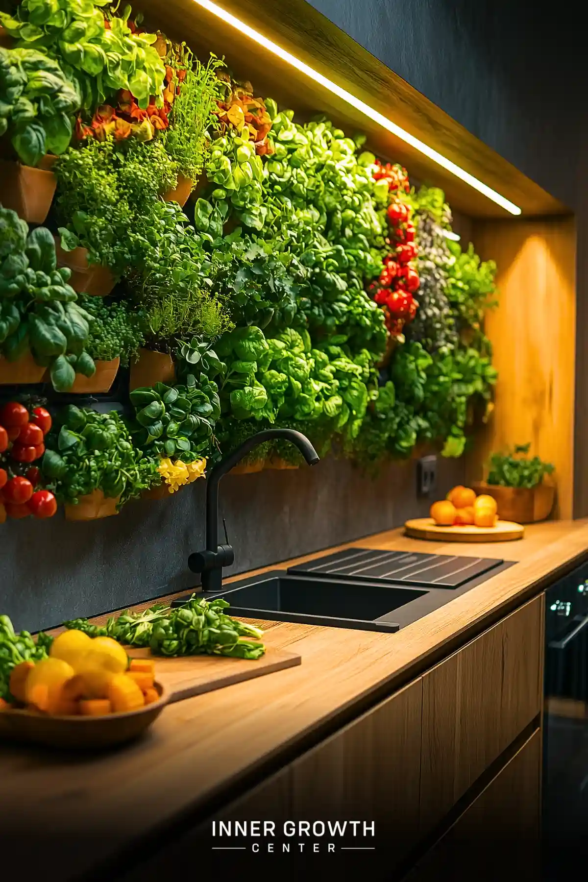 Modern kitchen featuring a lush vertical herb garden with warm lighting above wooden countertops and a matte black sink.