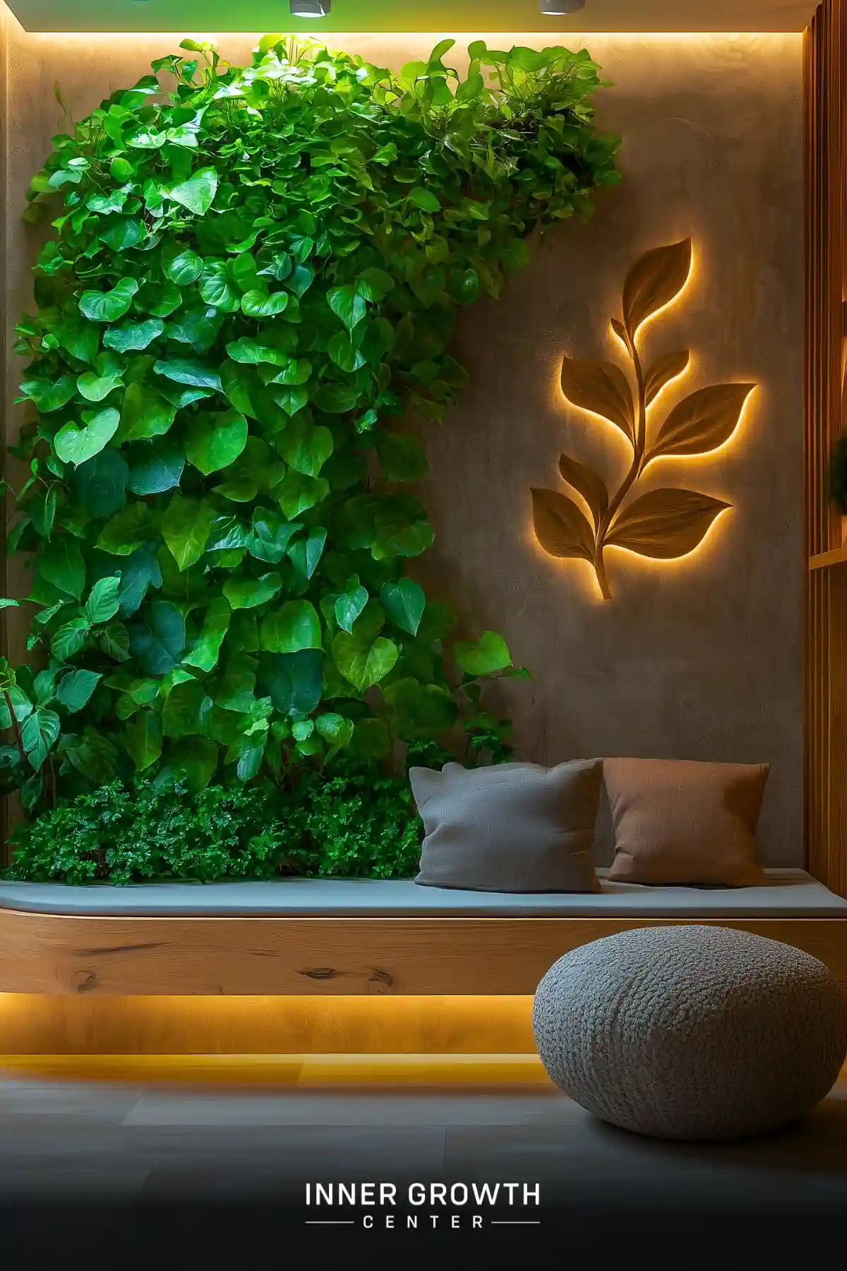 A modern meditation space featuring a lush green wall of philodendron leaves, illuminated leaf art, and a floating bench with cushions