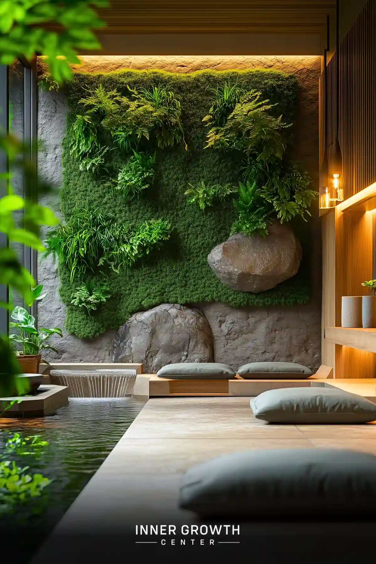 A serene meditation space with a lush green wall, flowing water feature, and comfortable floor cushions.