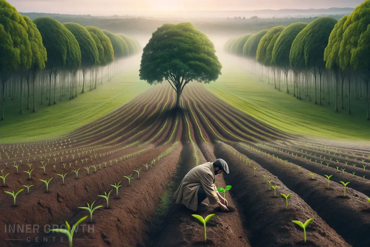 A man plants rows of plants for the long game of life.