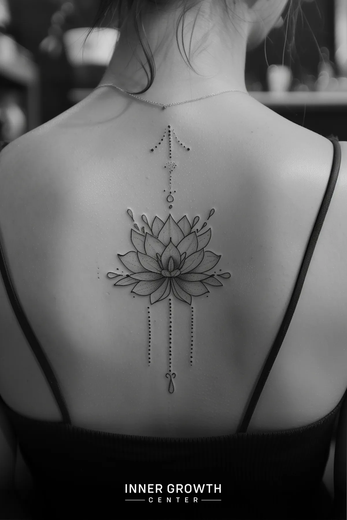 A black and white image of a lotus tattoo on the upper back.