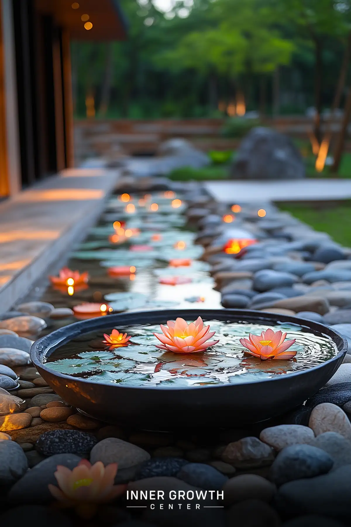 A serene water feature with floating lotus candles leads to a tranquil forest backdrop.