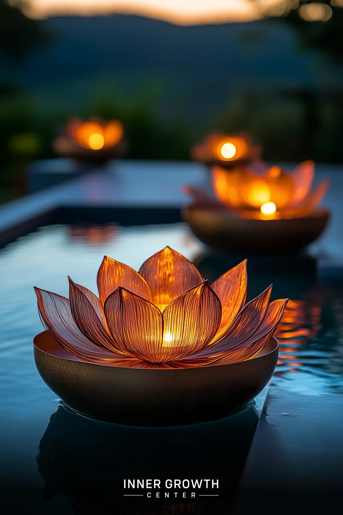 Glowing lotus-shaped lanterns float on a reflective water surface at dusk.