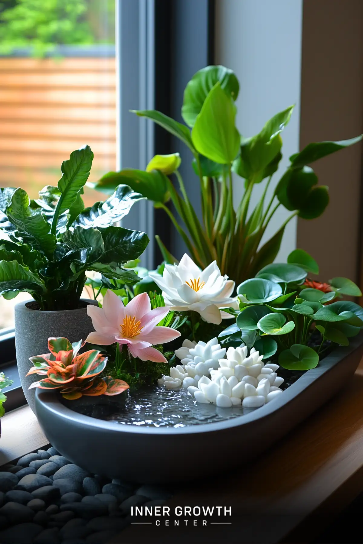 A modern tabletop water garden featuring lotus flowers, tropical foliage, and smooth stones in a dark ceramic bowl creates a serene meditation focal point.