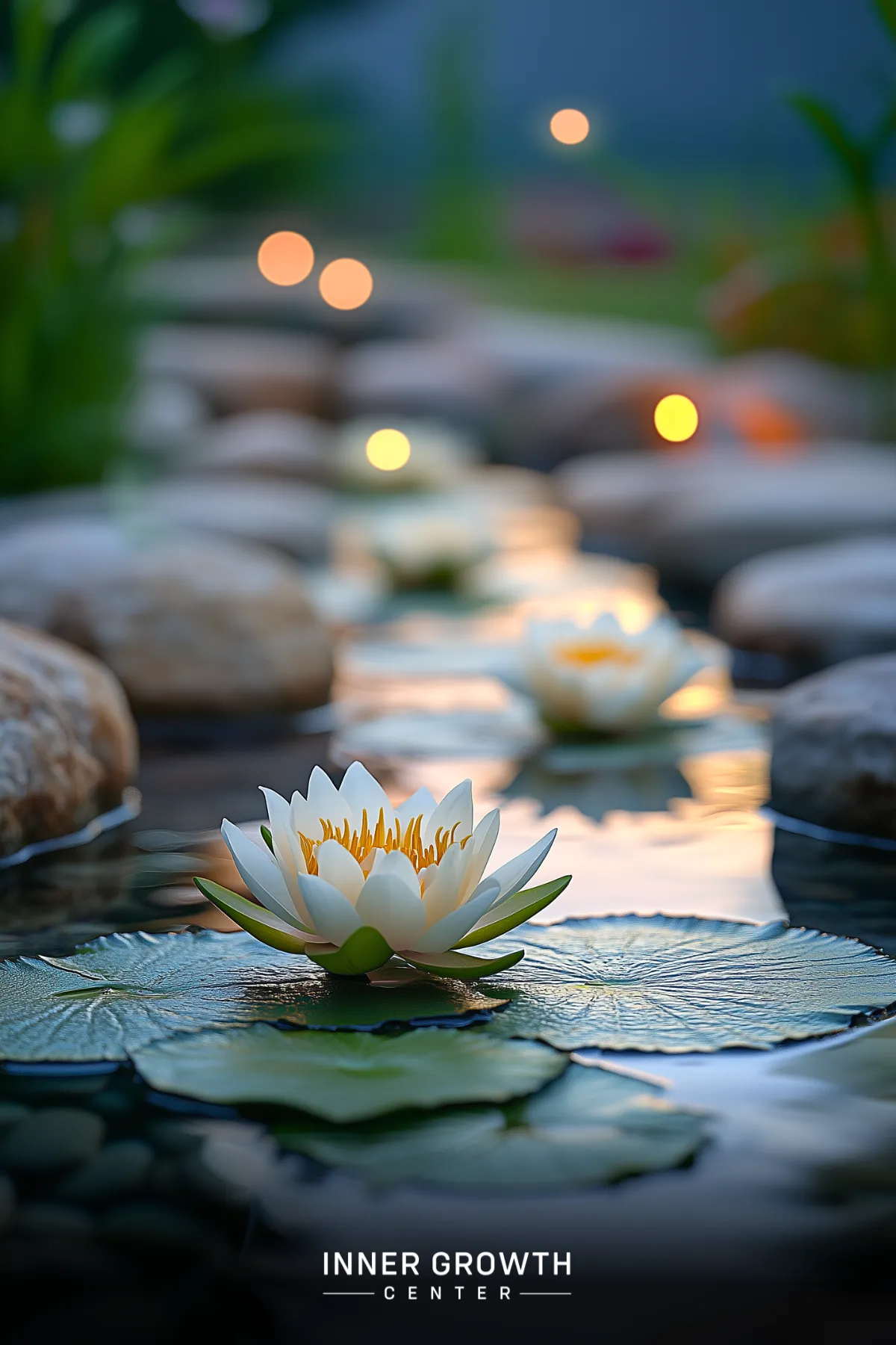 A serene lotus flower blooms on a tranquil pond at dusk, surrounded by illuminated water lilies.