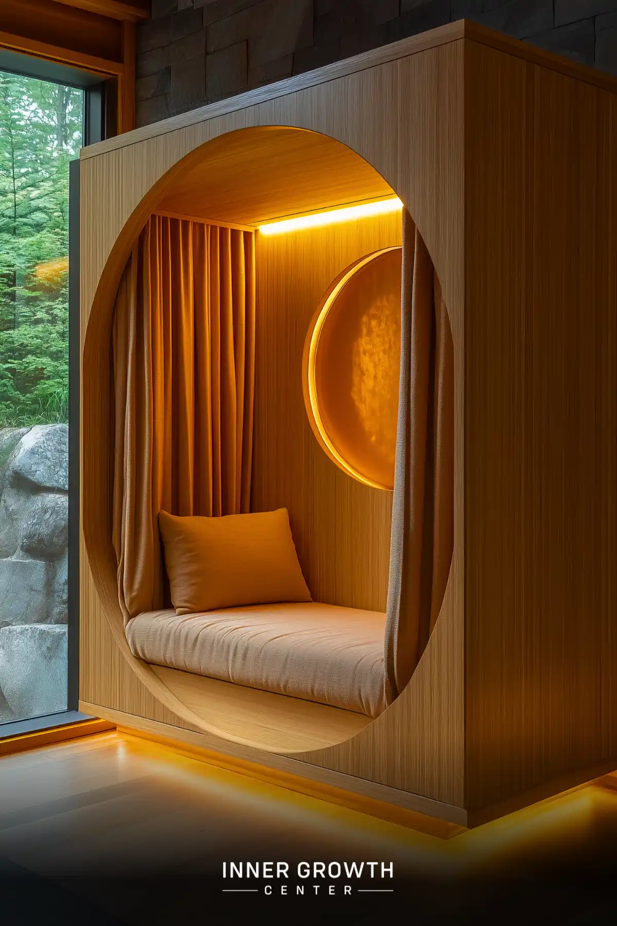 A modern oval meditation nook with soft cushioning, amber lighting, and an illuminated moon-like feature built into warm wood paneling.