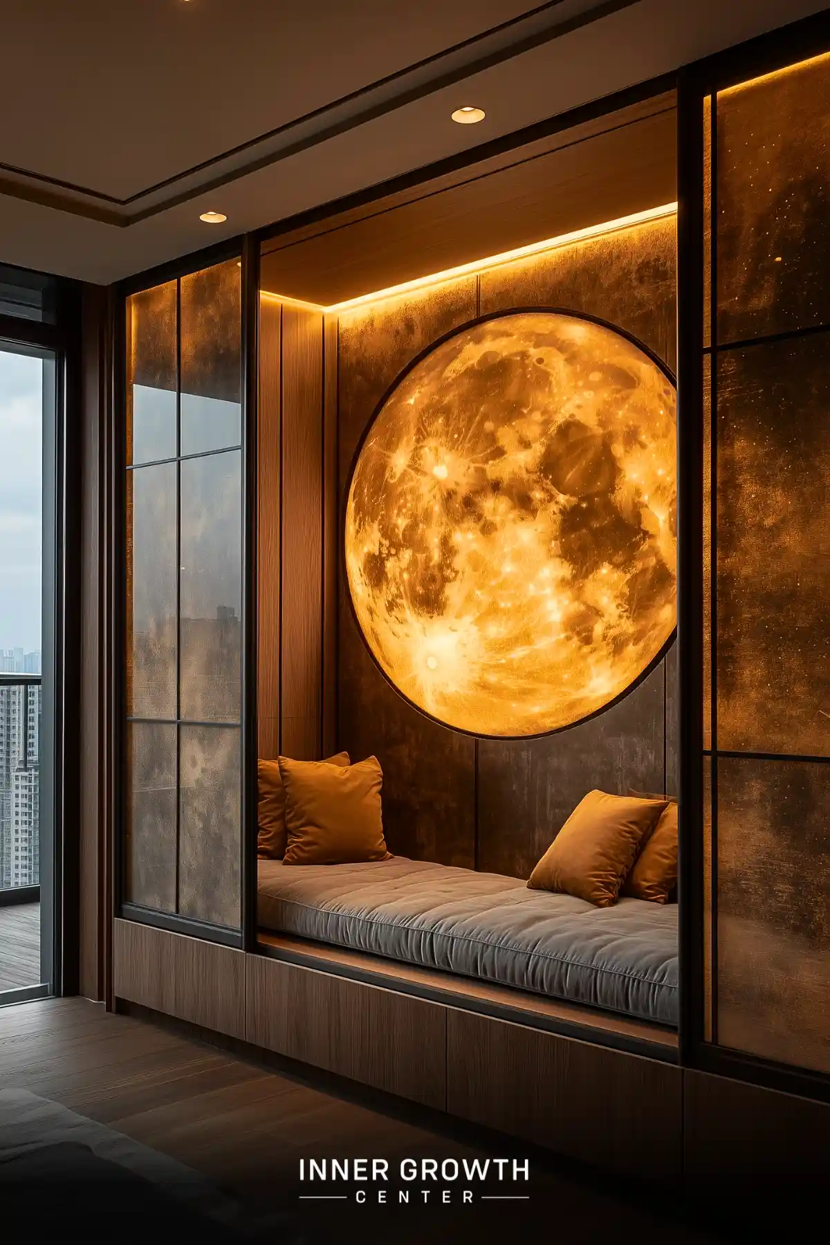 A cozy window seat with a large illuminated moon artwork, overlooking a city skyline.