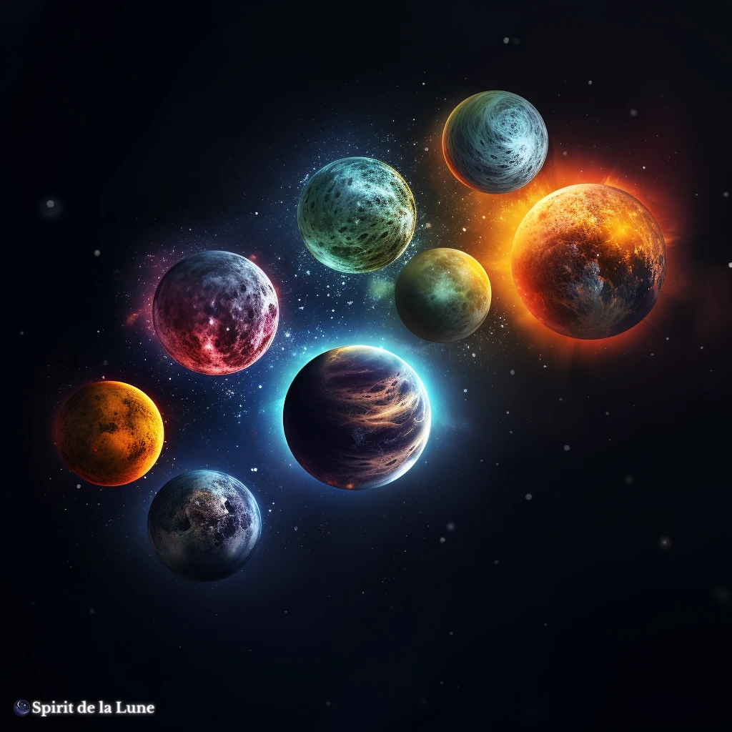 A group of different colored planets in space.