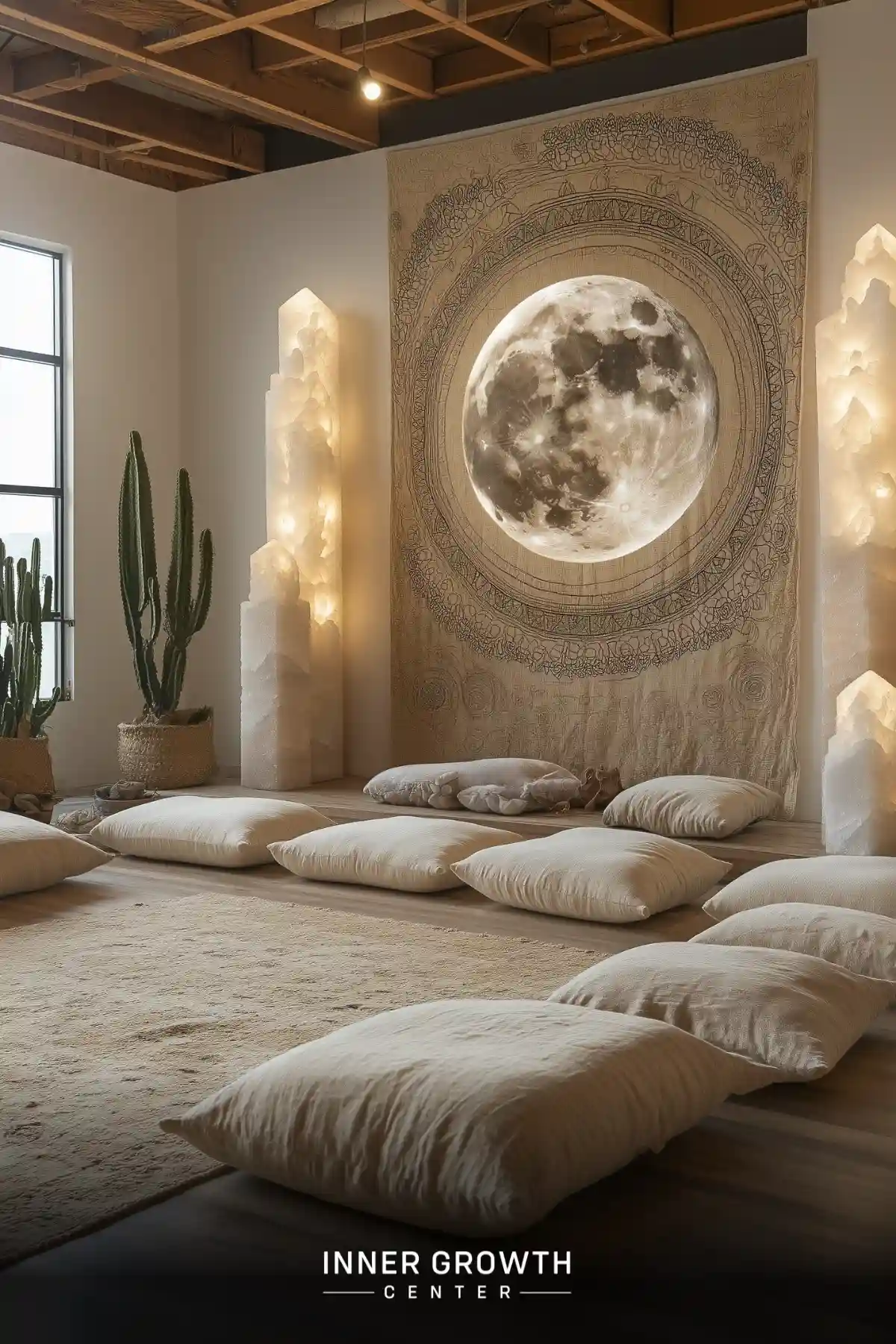 A serene meditation space featuring a large illuminated moon tapestry, floor cushions, and illuminated crystal-shaped wall lights alongside desert plants