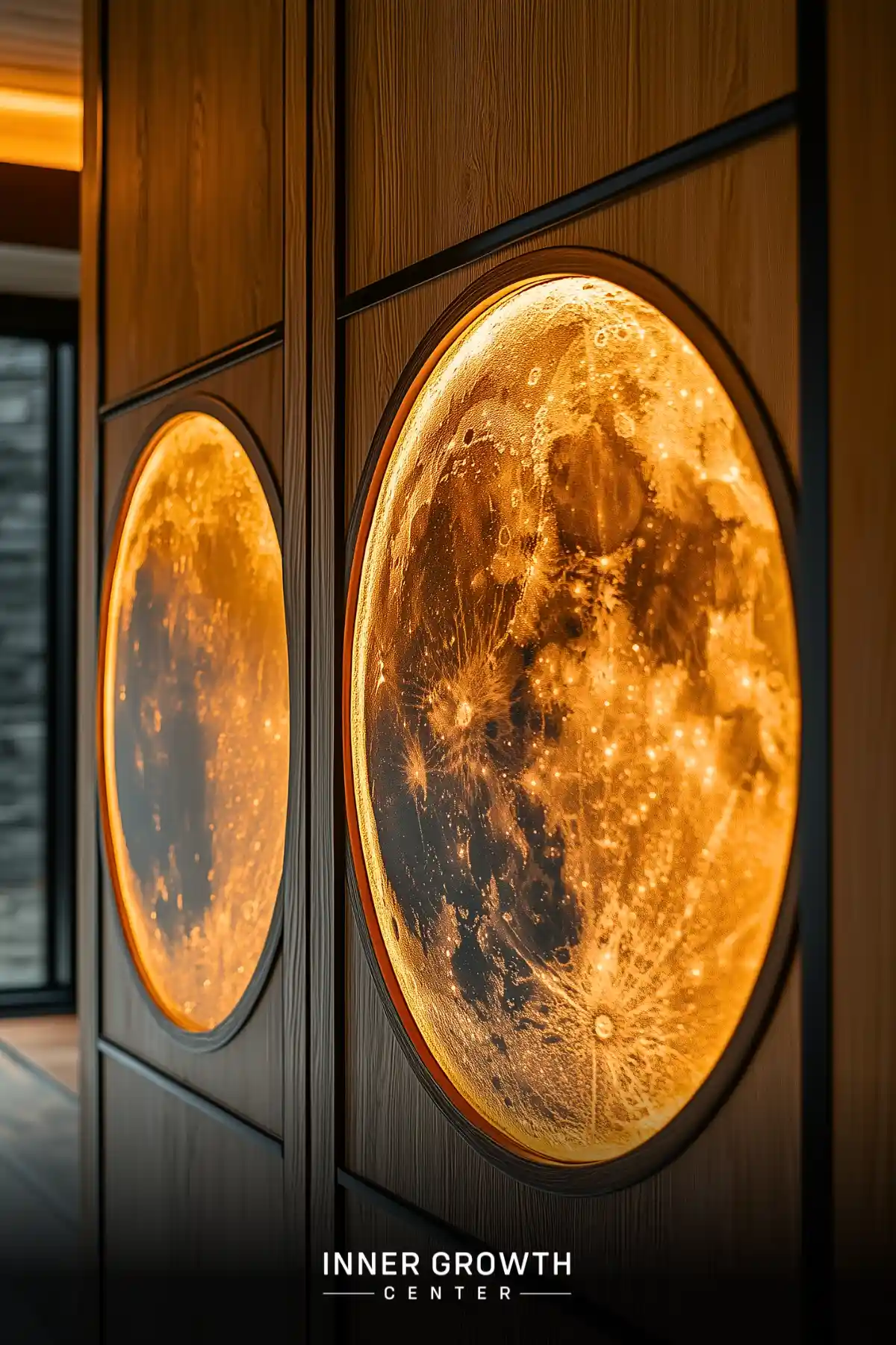 Illuminated circular wall panels displaying detailed moon surface imagery with warm amber backlighting against dark wood paneling.