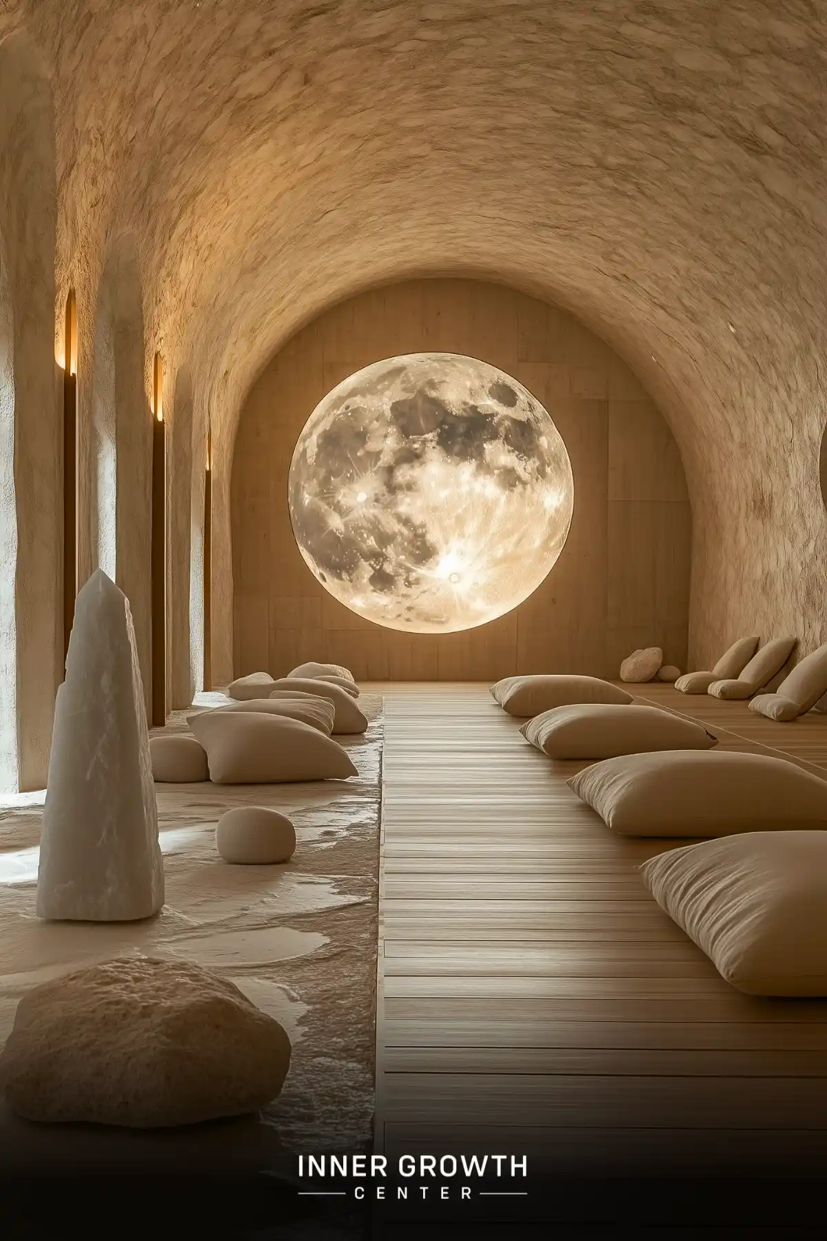 A serene meditation room with curved white walls, floor cushions, and a large illuminated moon display, creating a peaceful cave-like atmosphere.