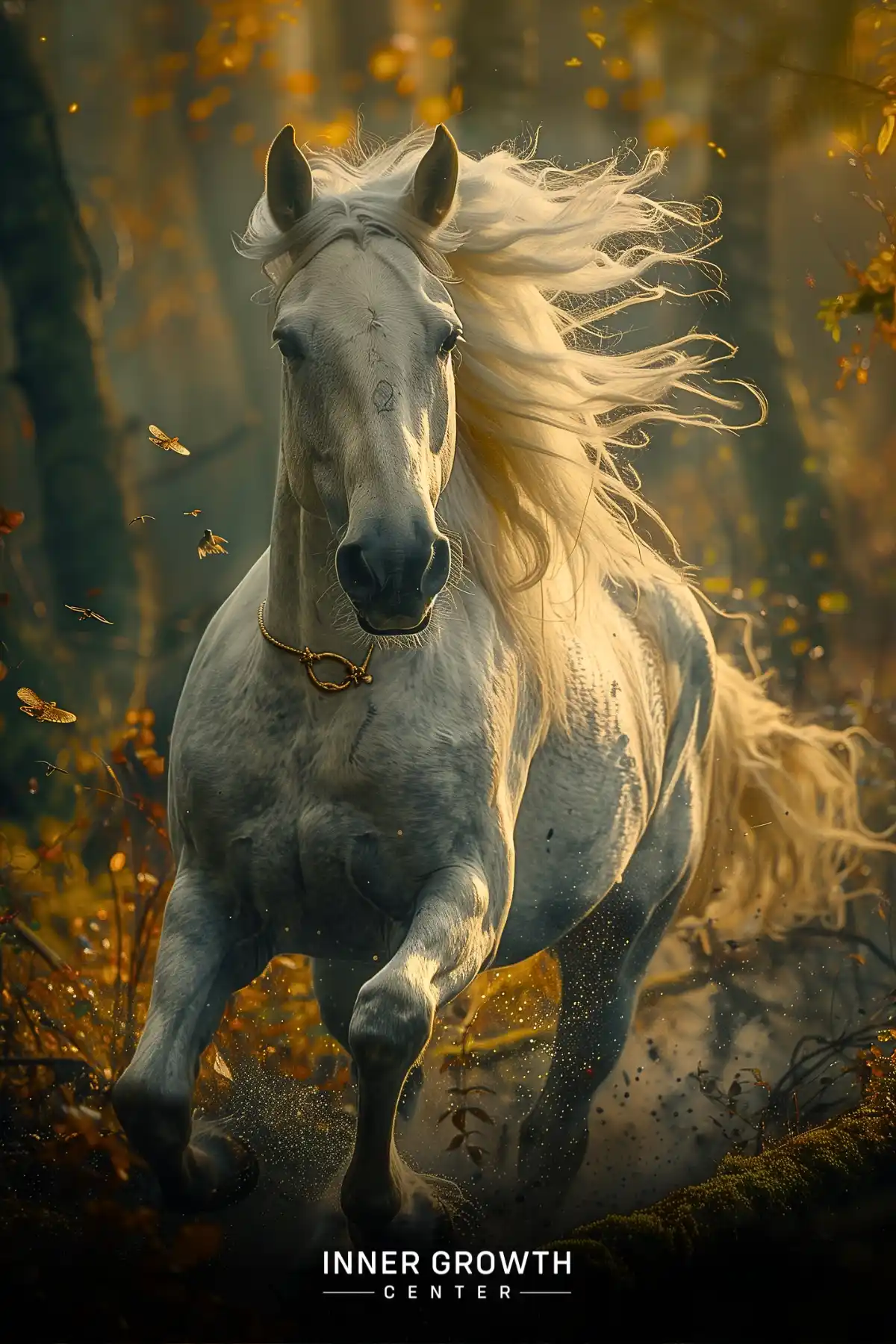 White horse with flowing mane galloping through an autumn forest