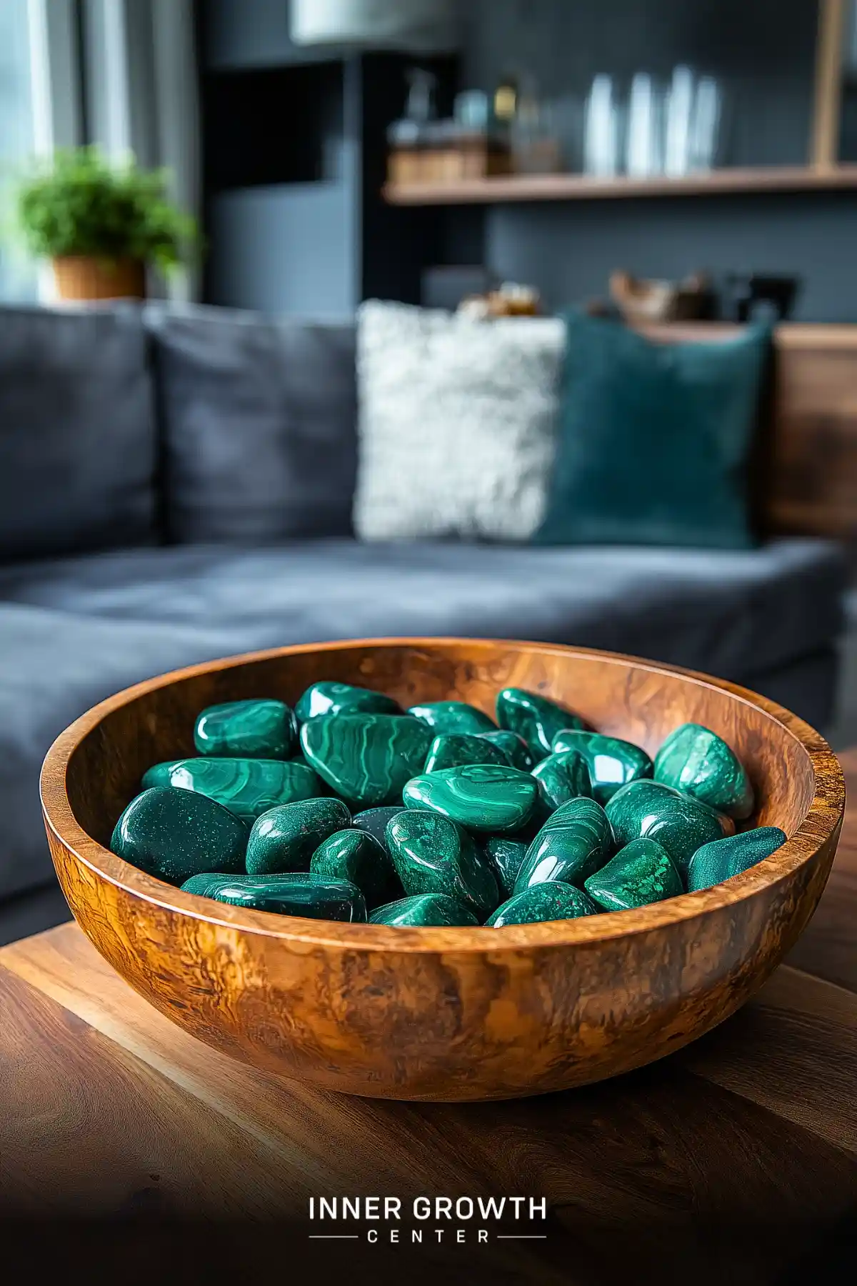 Polished malachite stones with distinctive green swirls fill a handcrafted wooden bowl in a modern living room setting.