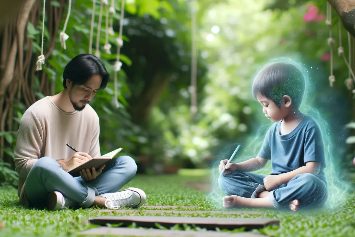 A man and a boy writing working on inner child exercises.