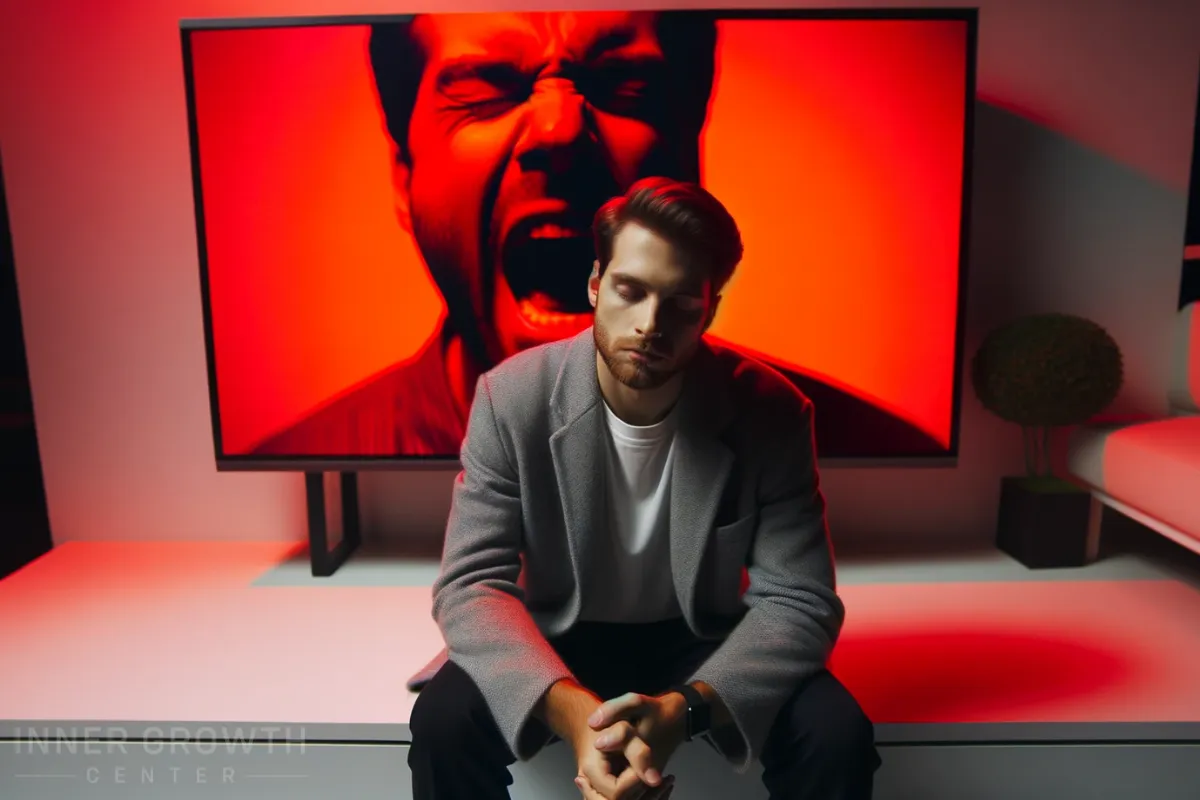 A man faces away from the tv of a man yelling, and closes his eyes.