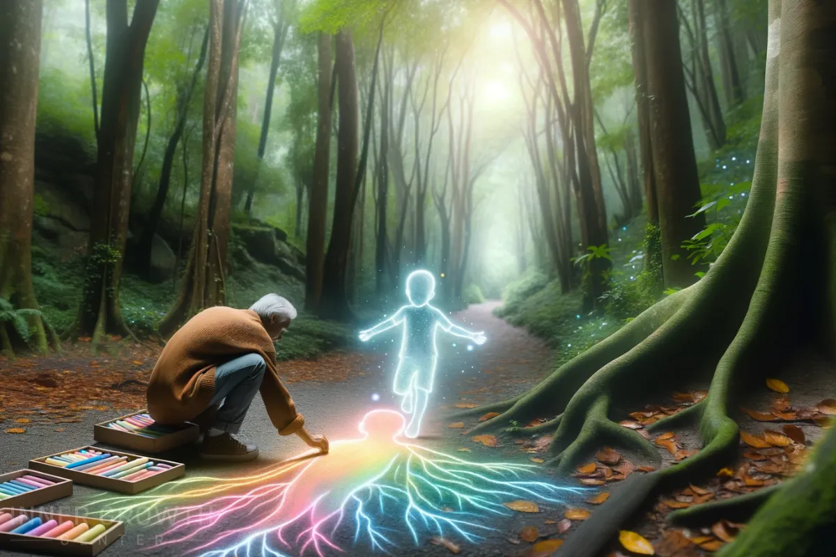 A man draws with coloured chalk forming spiritual connection with his inner child.