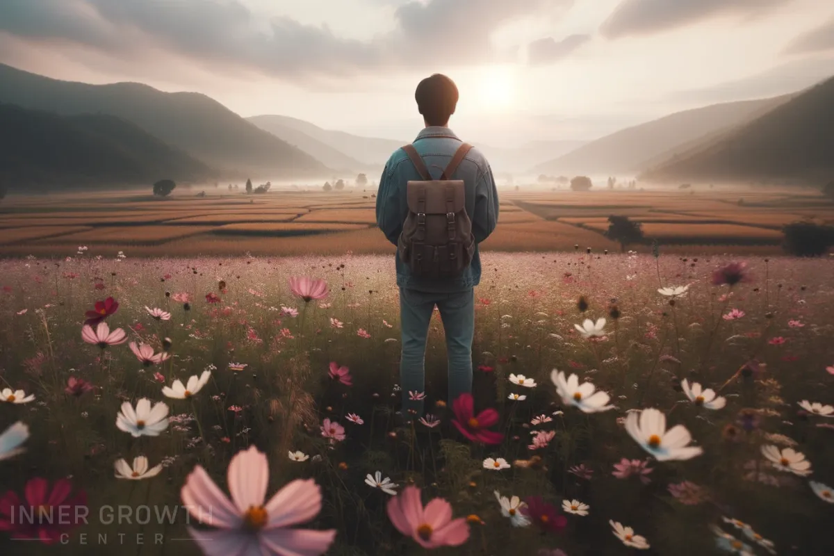 A man in a field with flowers taking the organic spiritual route.