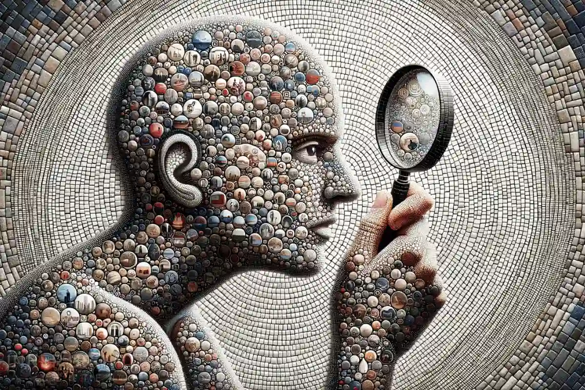 A person with a magnifying glass as a mosaic exploring themself.