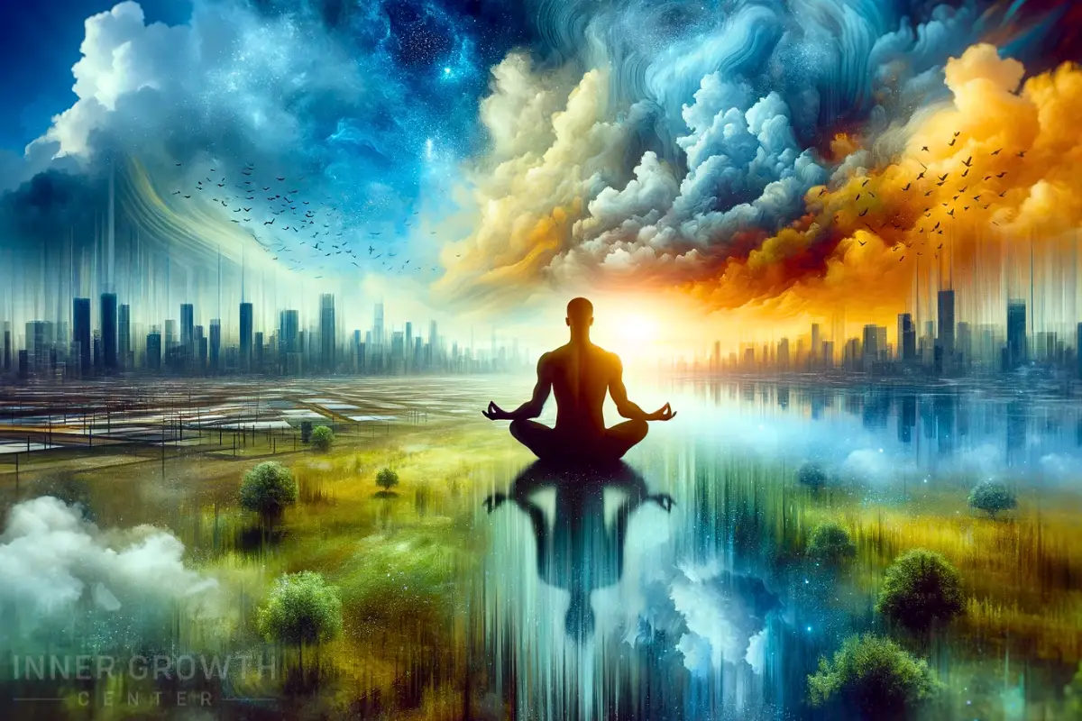 A man meditating looking across two cities.