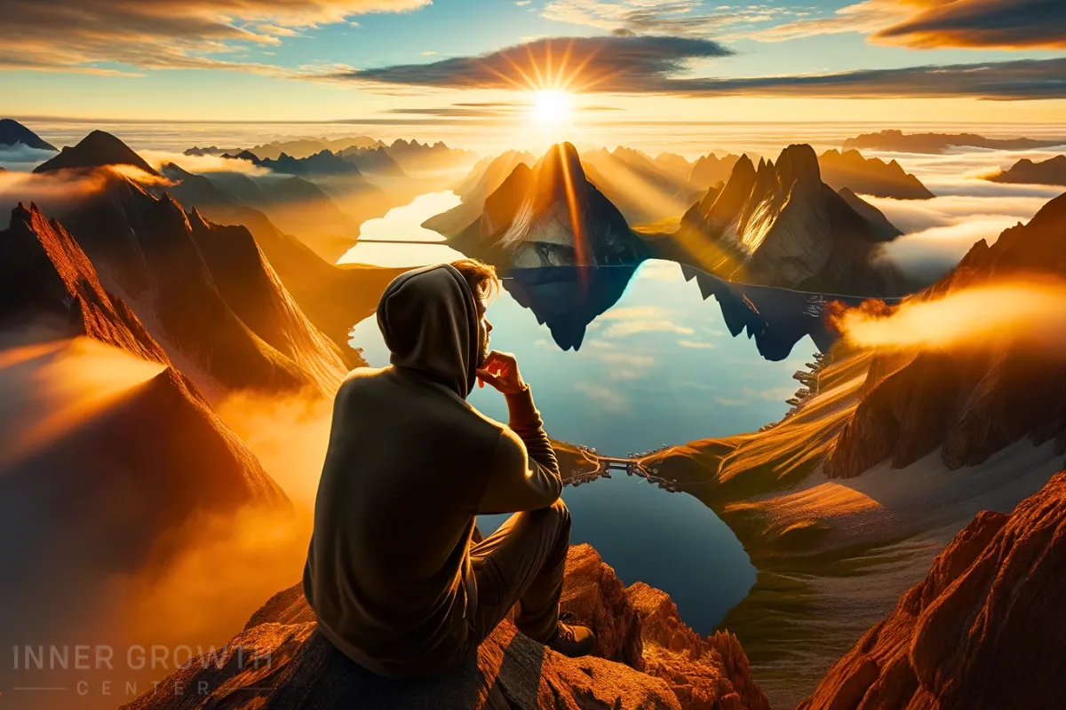 A man sitting on a mountain as the sun rises.