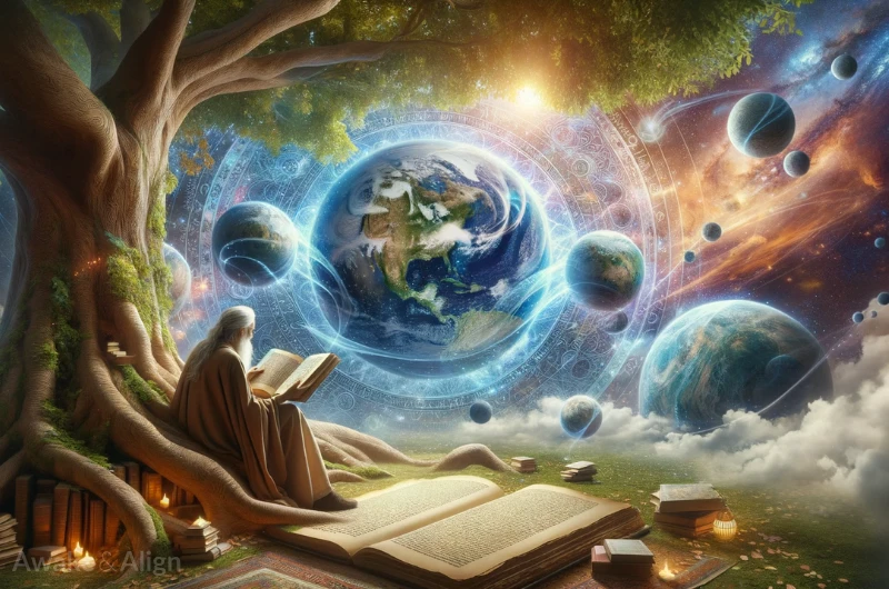 A man reads a book while a cosmic earth and planets circle in the background.