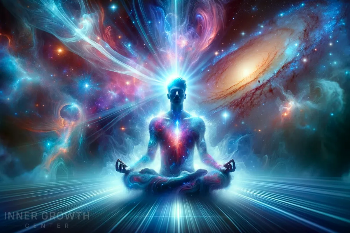 A man sits with space and spiritual auras around him as an andromeda starseed.