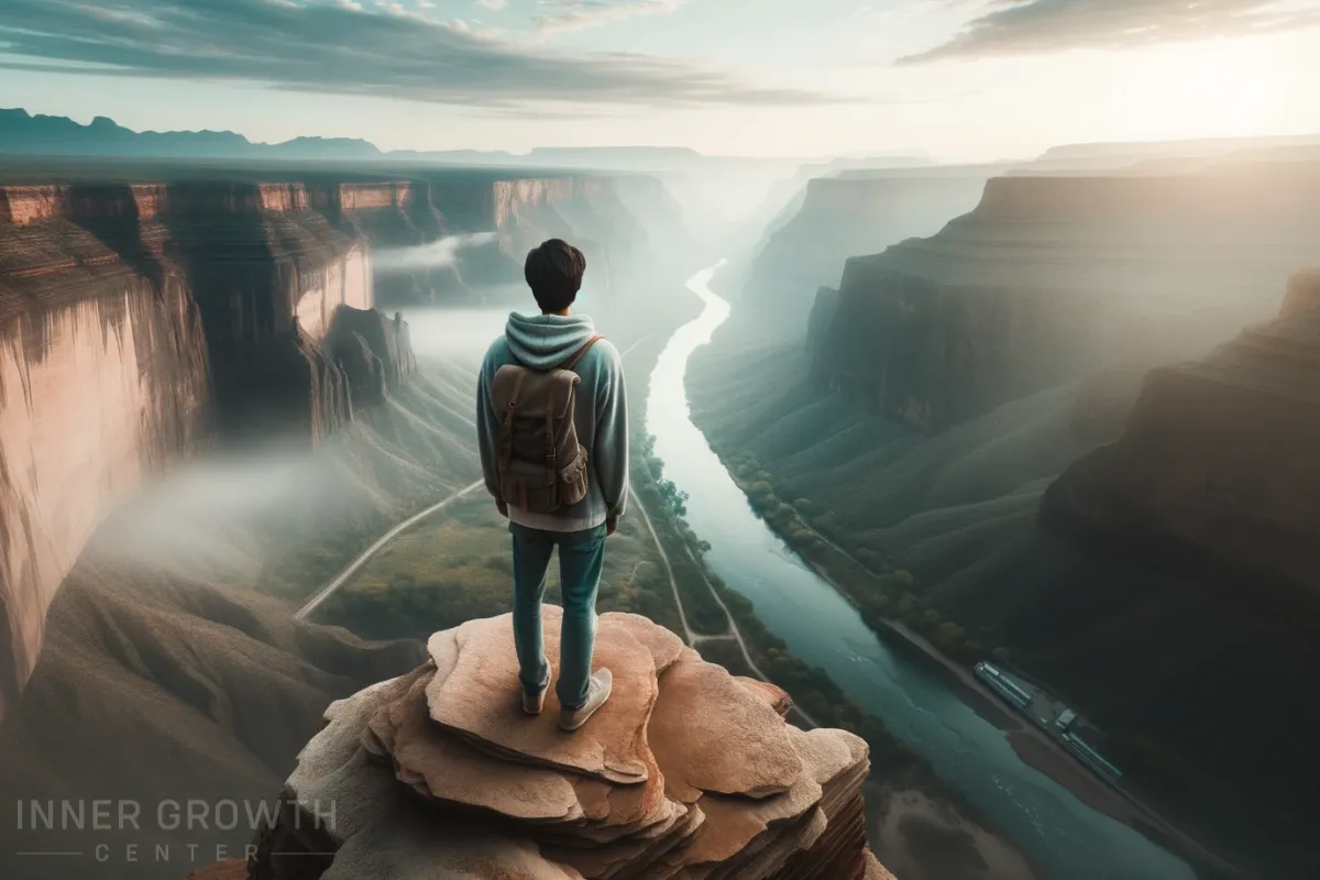 A man watching the sun rise over a canyon.