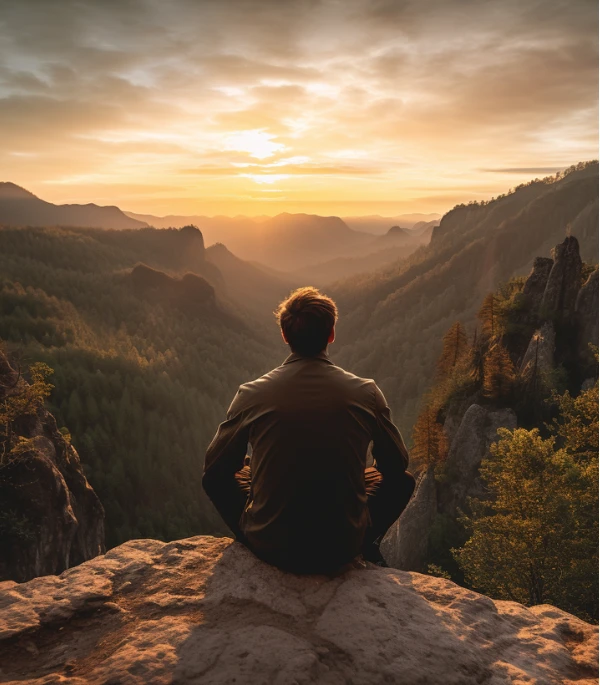 Man sitting on a rock admiring the view of the sun rising