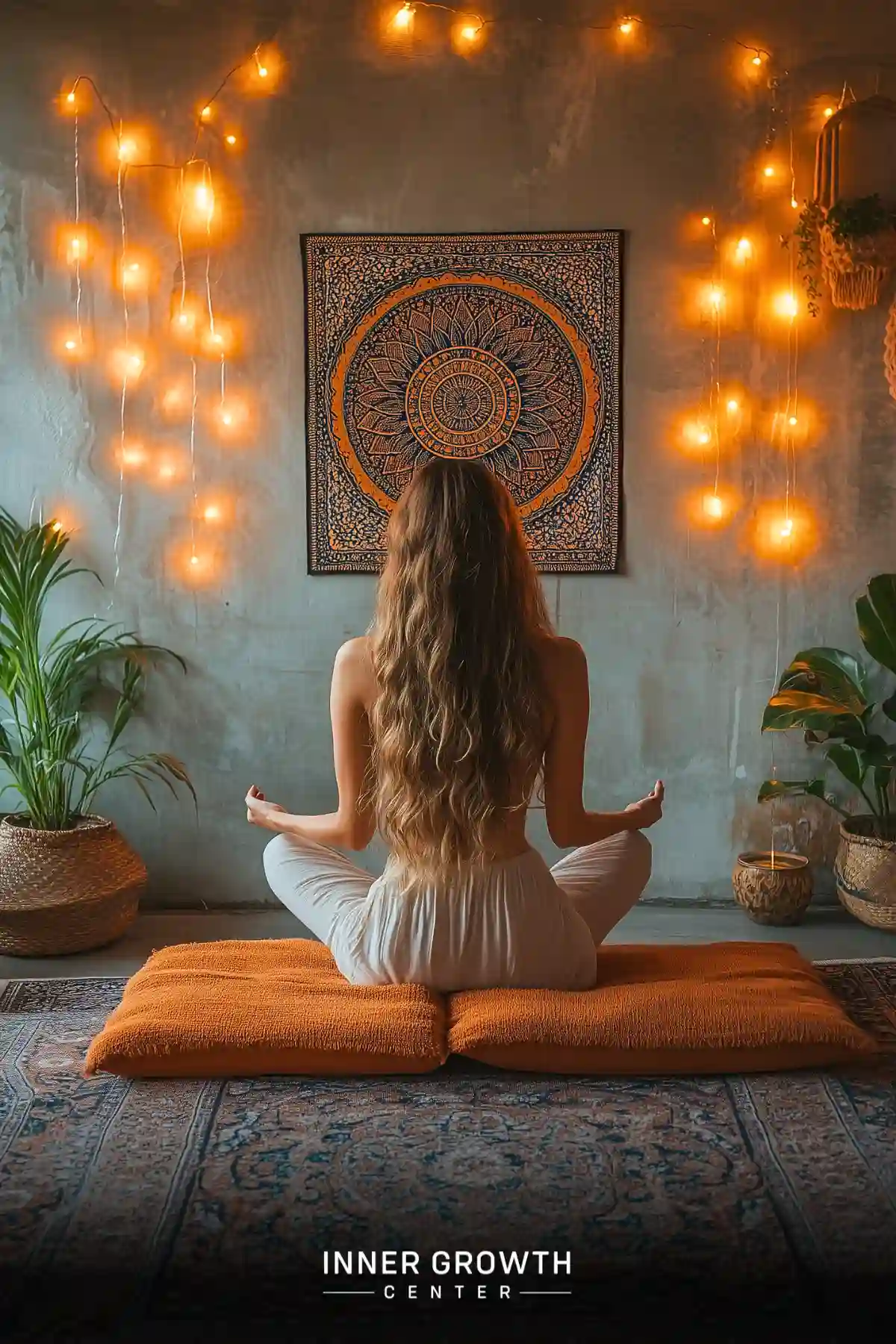 A woman meditates in a cozy corner adorned with string lights, plants, and a large mandala tapestry.