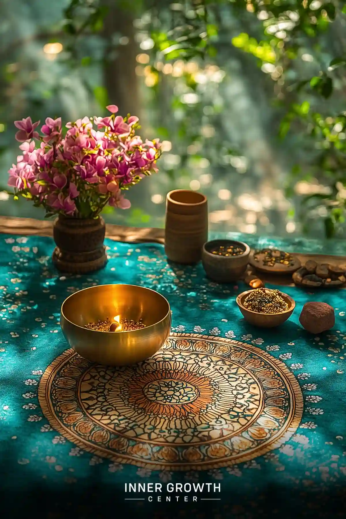 A serene altar with a golden bowl, mandala plate, flowers, and spiritual items on a turquoise cloth.