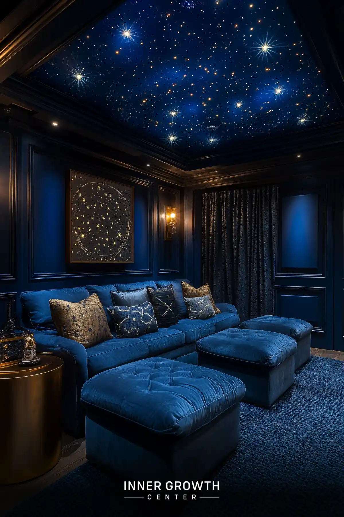 A luxurious dark blue meditation room with velvet seating, illuminated star ceiling, constellation artwork, and gold accents against paneled walls