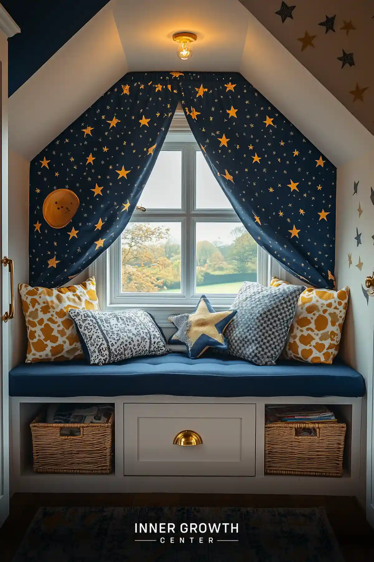 A cozy attic window seat with navy star-patterned curtains, mixed pattern cushions, and built-in storage underneath