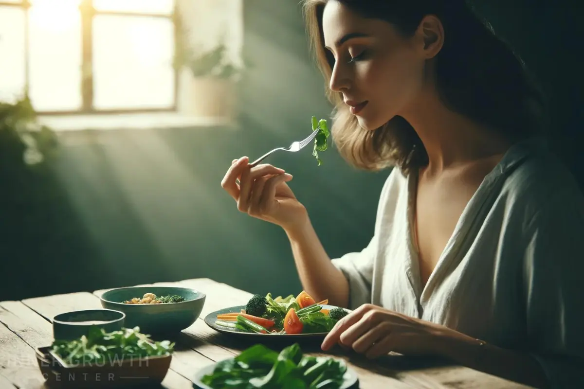 A woman sits at a table with a fork and eats mindfully.