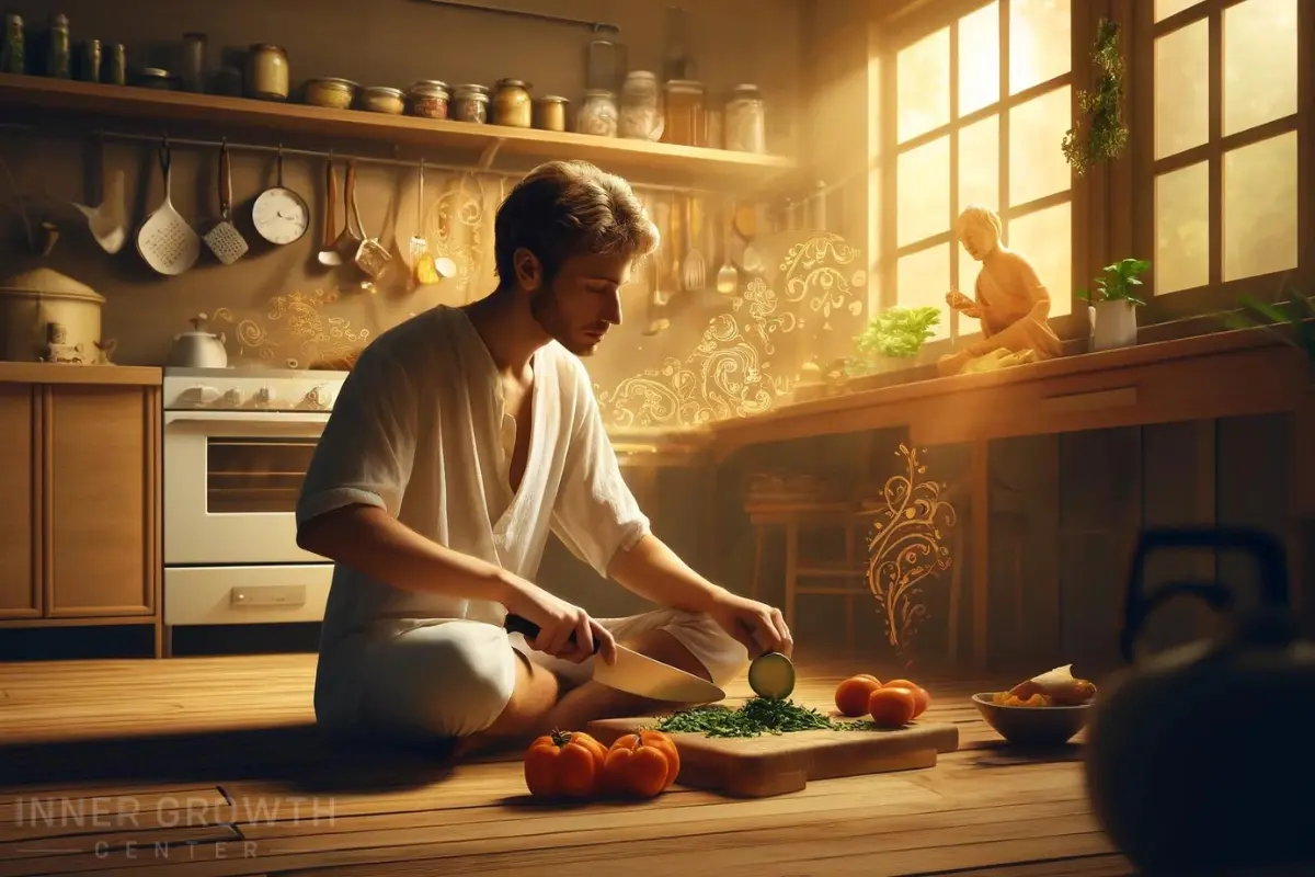 A man sits on the floor cross-legged while cutting vegetables mindfully.